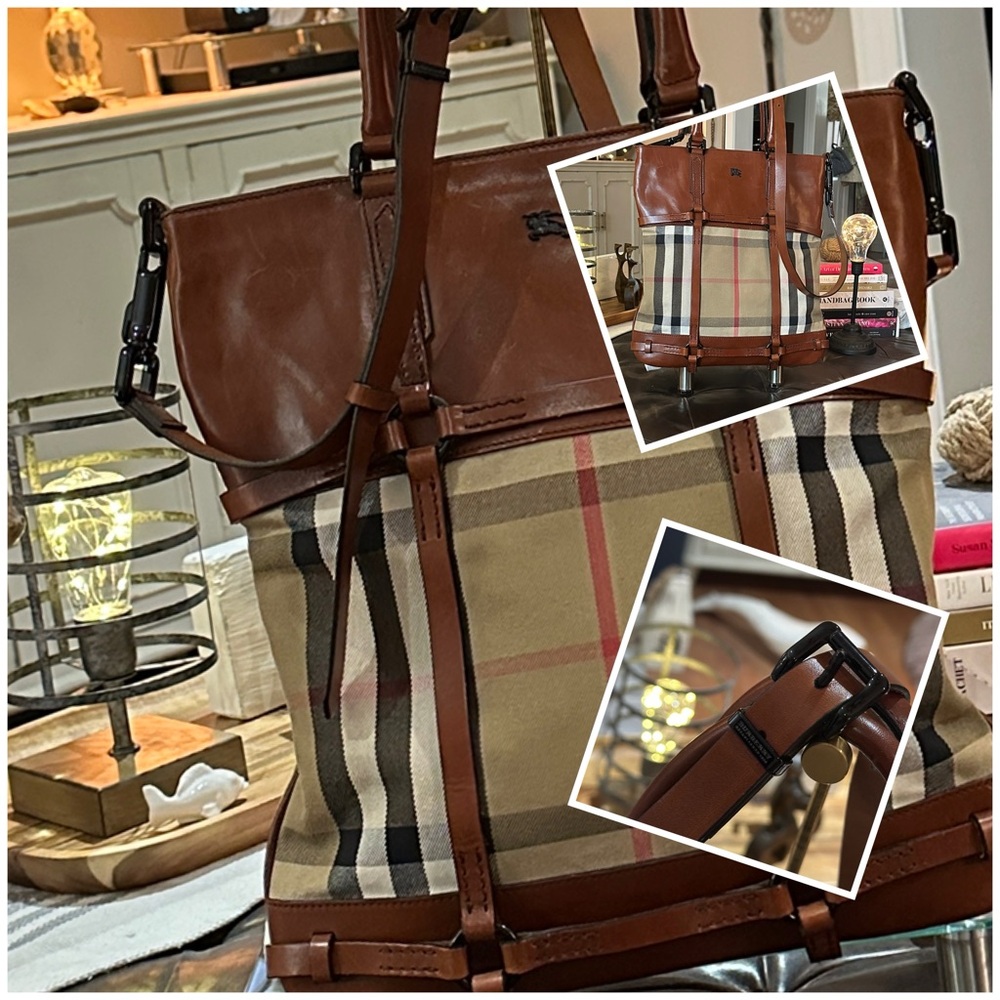 BURBERRY Brown Bridle Housecheck Leather and Canvas Slim Tote, 🤎 GORGEOUS 🧡